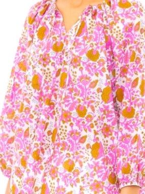 SZ Blockprints Ida Blouse Pink Floral Large Hand Block Print Cotton Boho Top
